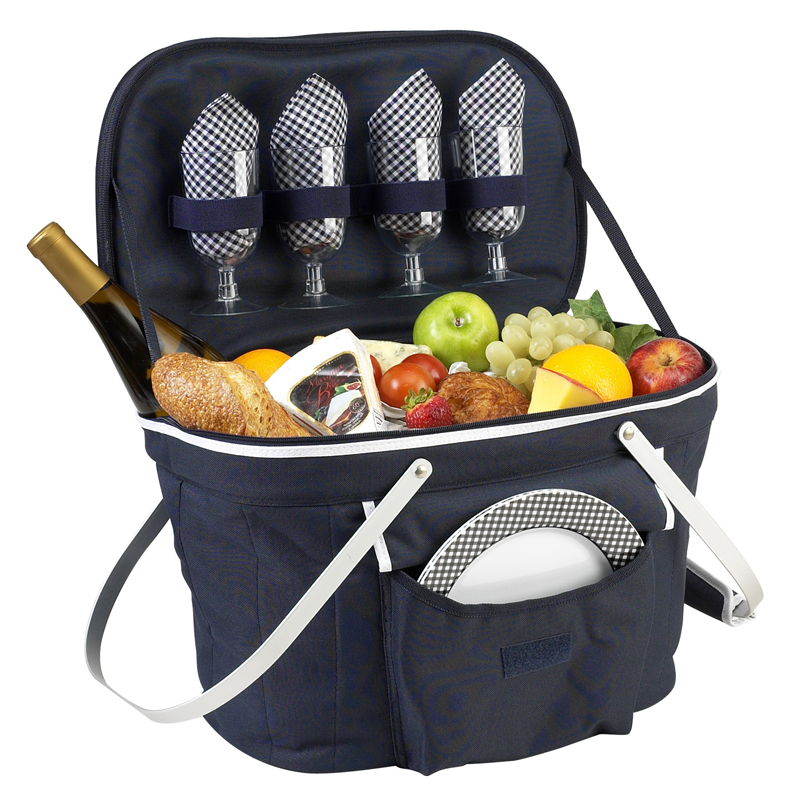 Picnic at Ascot 717H-H Settler Traditional American Style Picnic Basket with Service for 4 Olive Stripe 