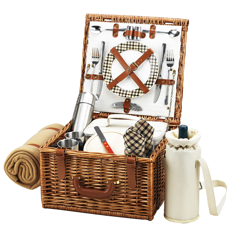 Picnic at Ascot Buckingham Willow Picnic Basket with Service for 4 with Blanket London Plaid