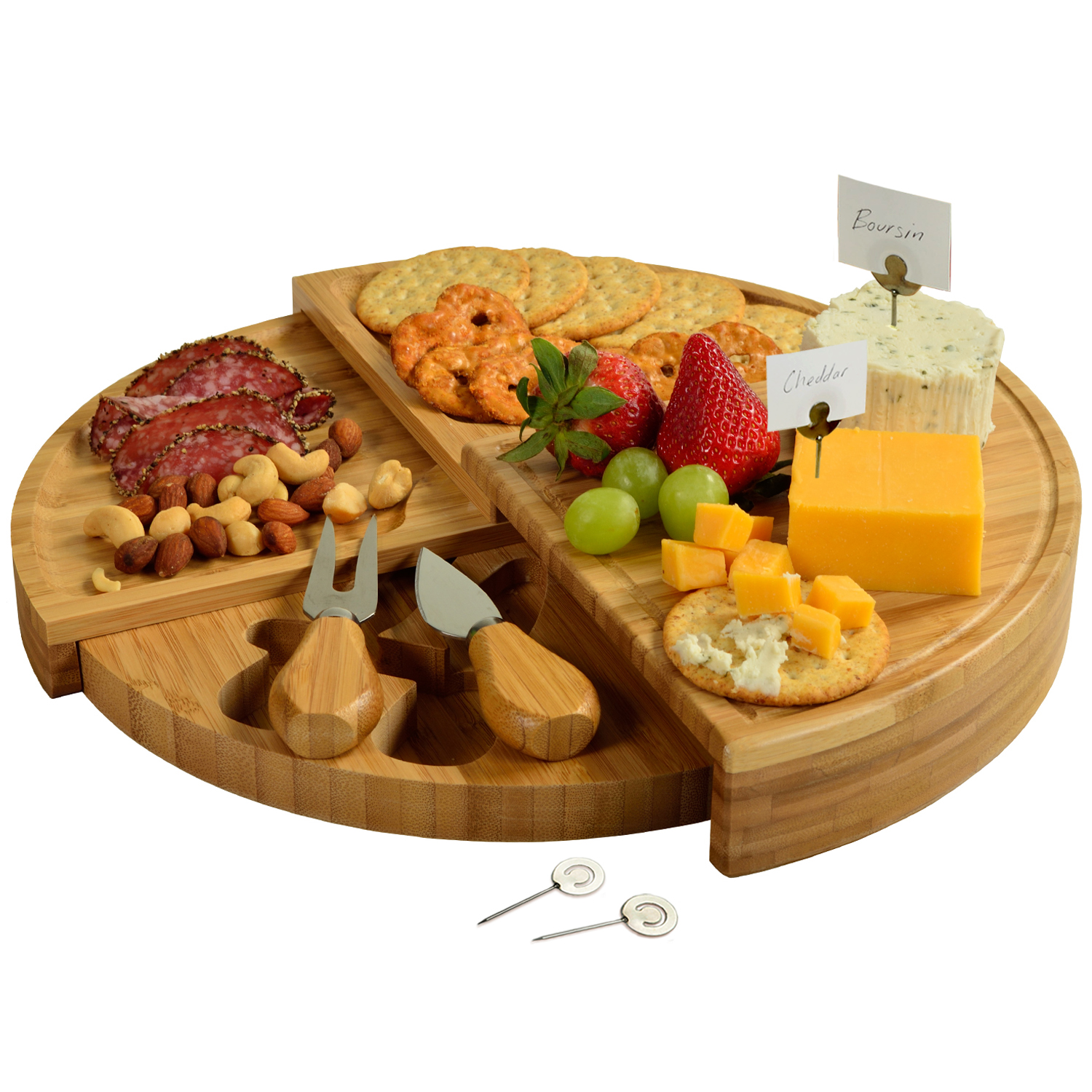 Bamboo Cheese/Charcuterie Board with Knives & Cheese Markers- Stores as a Compact Wedge- Opens to 13" Diameter 