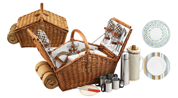 Picnic at Ascot Surrey Basket for 2 with Blanket and Coffee Brown Wicker/Blue Stripe 