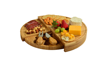 Bamboo Cheese/Charcuterie Board with Knives & Cheese Markers- Stores as a Compact Wedge- Opens to 13" Diameter 